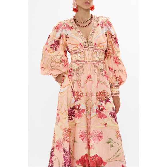 Camilla Shaped Waistband Maxi Dress Blossoms Brushstrokes Linen Romantic Pink L - Picture 2 of 16